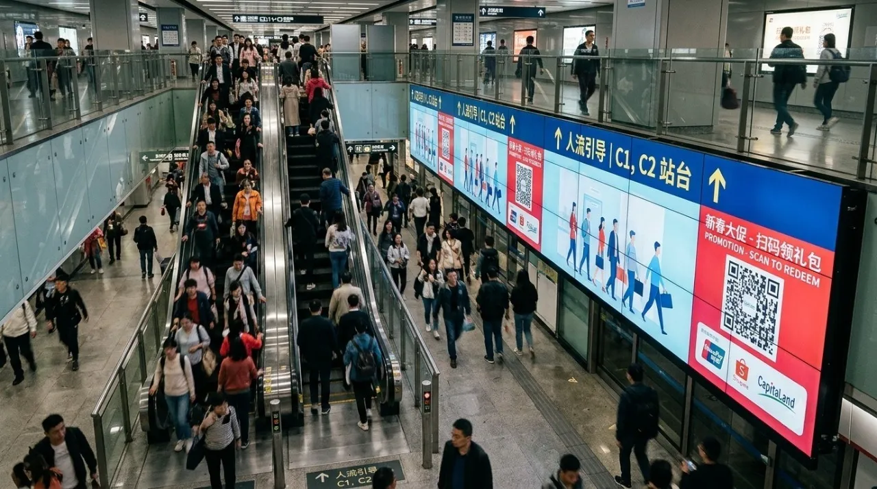 Commercial LCD Video Wall Display Located at Mall Escalator Decision Node